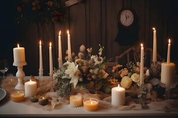Stylish wedding table decorated with candles and flowers, neural network generated image