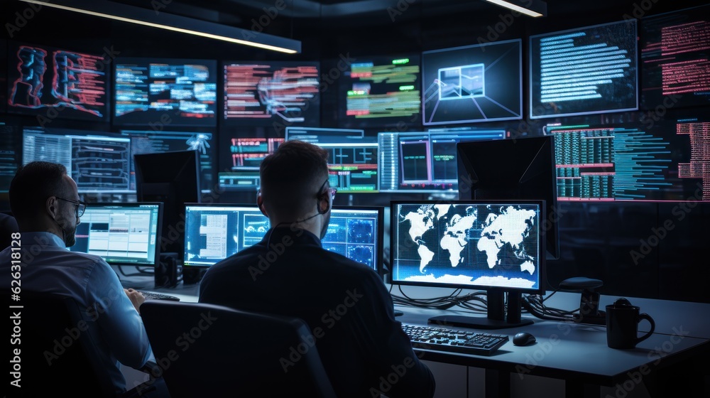 Poster network operations center ( noc) with technicians monitoring network traffic, troubleshooting issues
