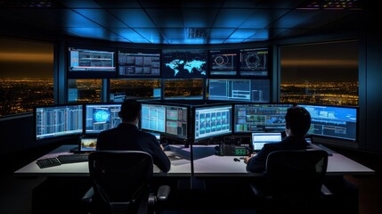 Network operations center ( NOC) with technicians monitoring network traffic, troubleshooting issues, and ensuring network performance