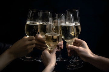 Many cheering caucasian hands with champagne glasses on dark background, neural network generated image