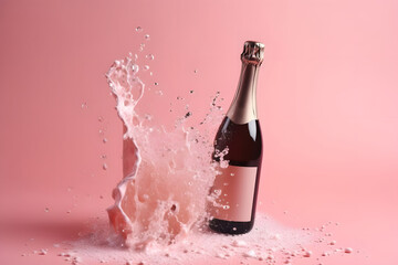 unopened bottle of champagne with splashes on pink background, neural network generated photorealistic image