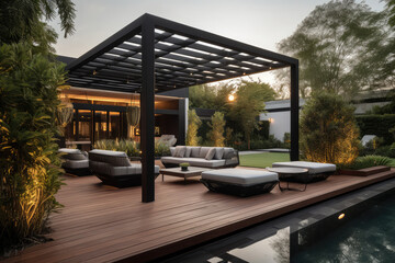 a lavish side outside garden at morning, with a teak hardwood deck and a black pergola. Scene in the evening with couches and lounge chairs by the pool, generative AI	
