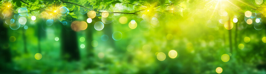 Banner with  summer nature. Rays of sun and bokeh lights. Background, postcard, border. Generative AI