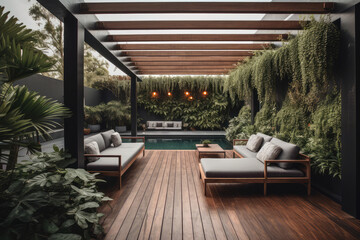 a lavish side outside garden at morning, with a teak hardwood deck and a black pergola. Scene in the evening with couches and lounge chairs by the pool, generative AI	
