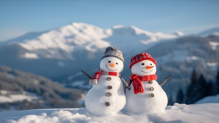 Winter Christmas - two happy snowman friends on snowy mountains at day light, neural network generated image