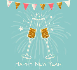 Happy new year greeting card line art illustration vector design. Banner with champagne glasses, garland and fireworks. Event, party, celebration. Cheers  © Alina