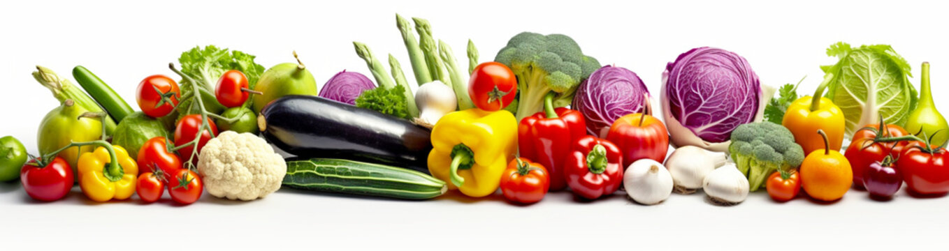 Banner with colored vegetables on isolated white background. Generative AI