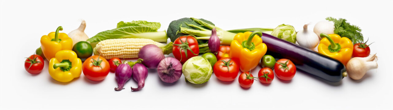 Banner with colored vegetables on isolated white background. Generative AI