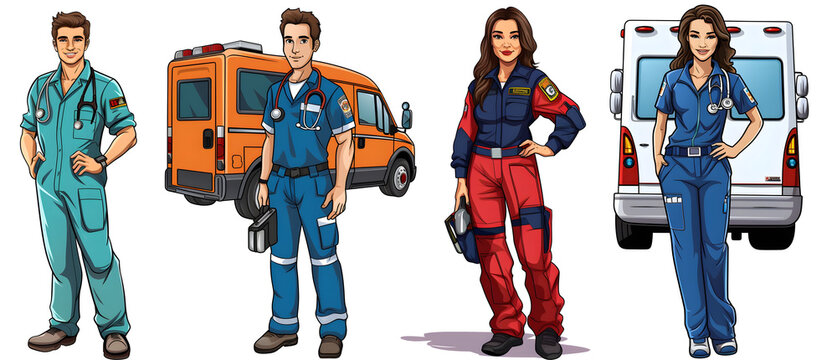 A male, female paramedic cartoon clip art in transparent background cutout - Generative AI