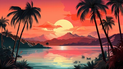 In the painting, there is a sunset with various natural elements. (Generative AI)