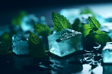 Ice cubes with fresh green mint leaves closeup on dark backgound, neural network generated image
