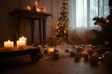New Year interior decoration with candles and garlands, neural network generated photorealistic image