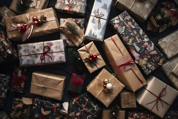 Overhead view of many Christmas presents wrapped with craft paper on paper surface, neural network generated photorealistic image