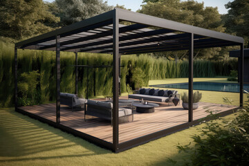 Modern black bio climatic pergola with top view on an outdoor patio. Teak wood flooring, a pool, and lounge chairs. green grass and trees in a garden, generative AI	
