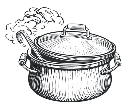 Cooking food. Kitchen pot with lid and ladle. Sketch vintage vector illustration