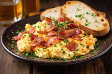Fototapeta na wymiar scrambled eggs with bacon and buttered toast
