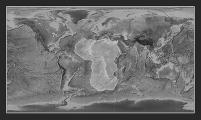 African tectonic plate. Grayscale. Patterson Cylindrical. Boundaries