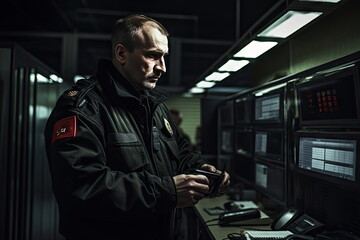 Fototapeta na wymiar Male security guard using radio transmitter in surveillance room