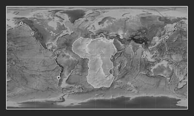 African tectonic plate. Grayscale. Patterson Cylindrical. Earthquakes and boundaries