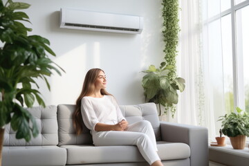 Young woman changing air conditioner while sitting on sofa at home