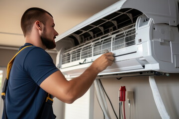 Male technician cleaning air conditioner