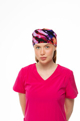 Beautiful girl doctor professional in work clothes on white background 