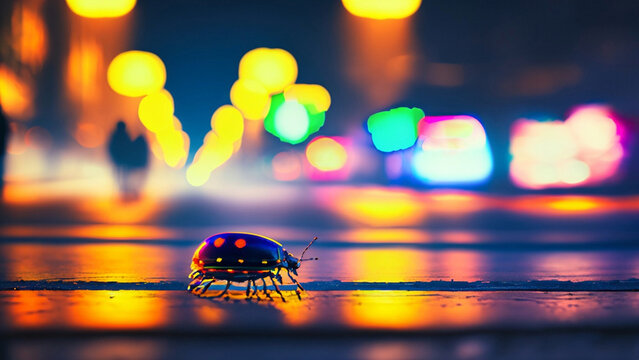 An ultra-realistic image of a ladybug walking on the streets of a big city , and city buildings in the background in the nighttime, create a shallow depth of field and motion blur with long exposure