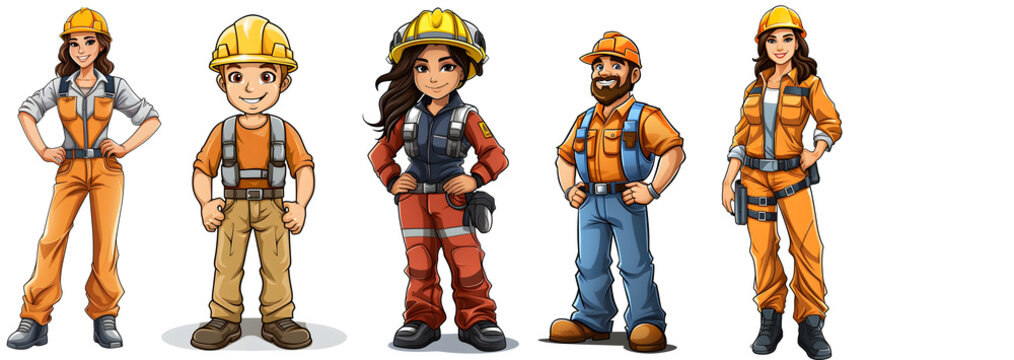 A male, female construction worker cartoon clip art in transparent background cutout - Generative AI
