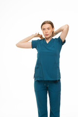 Beautiful girl doctor professional in work clothes on white background 