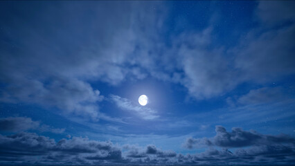 Full moon night and starry sky with moving clouds