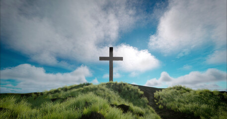 One cross on the hill with clouds on blue sky