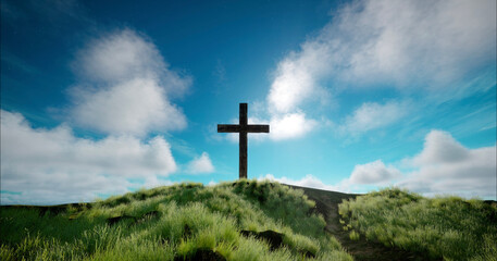 One cross on the green hill and clouds on blue sky