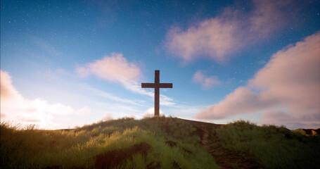 One cross on the green hill and blue sky with clouds