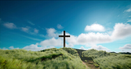 One cross on the hill with white clouds on blue sky