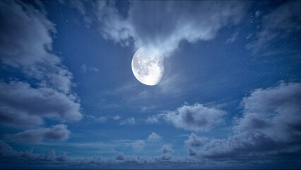 Full moon on the starry sky with clouds moving at night