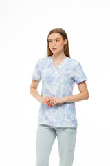 Beautiful girl doctor professional in work clothes on white background 