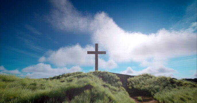 One cross on the hill with clouds on blue sky
