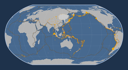 Amur tectonic plate. Contour. Robinson. Earthquakes and boundaries