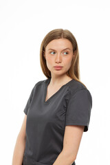 Beautiful girl doctor professional in work clothes on white background 