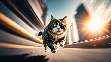 An realistic image of a cat running at high speed with city buildings in the background and a sunny sky, creates a shallow depth of field and motion blur with long exposure