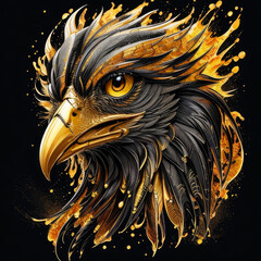 A gold hawk head on black background. Generative AI