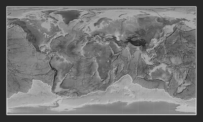 Antarctica tectonic plate. Grayscale. Patterson Cylindrical. Boundaries