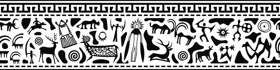 Ethnic border on the theme of rock paintings, vector design, seamless border, banner