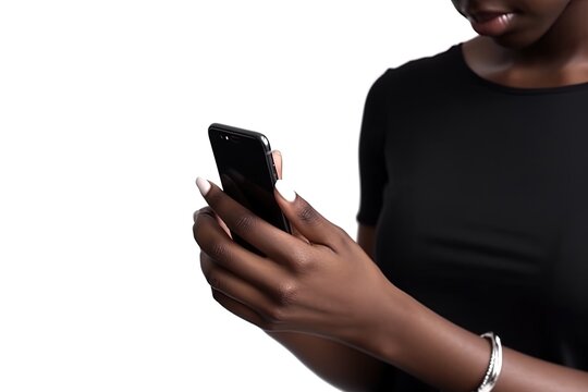 Close up of african american woman hold mobile phone. Female looking at smartphone. Generative AI