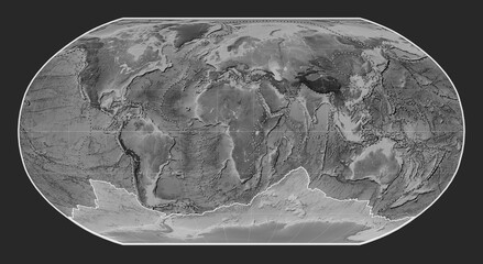 Antarctica tectonic plate. Grayscale. Robinson. Boundaries