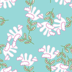 Cute unusual flower and cloud seamless pattern. Simple stylized flowers background.