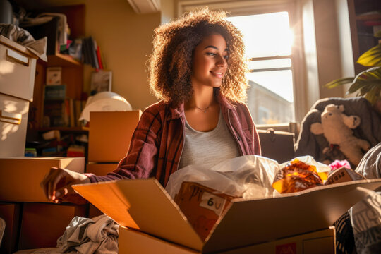 A Female College Freshman Unpacking Her Things And Stuff, Moving Into Her University Dorm Room