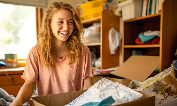 A female college freshman unpacking her things and stuff, moving into her university dorm room