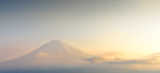 Fuji mountain with sunrise sky, close up snow capped mount fuji.