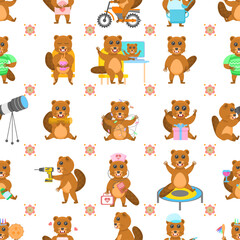Seamless Pattern Abstract Flat Cartoon Different Animal Beavers Vector Design Style Elements Fauna Wildlife